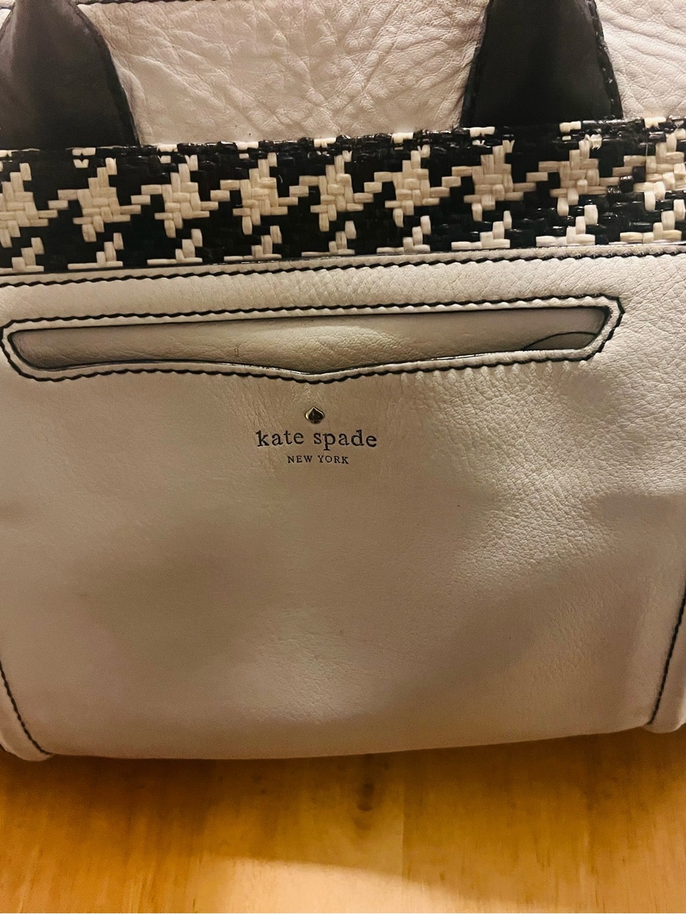 kate spade White and Black Woven-Trim Tote
